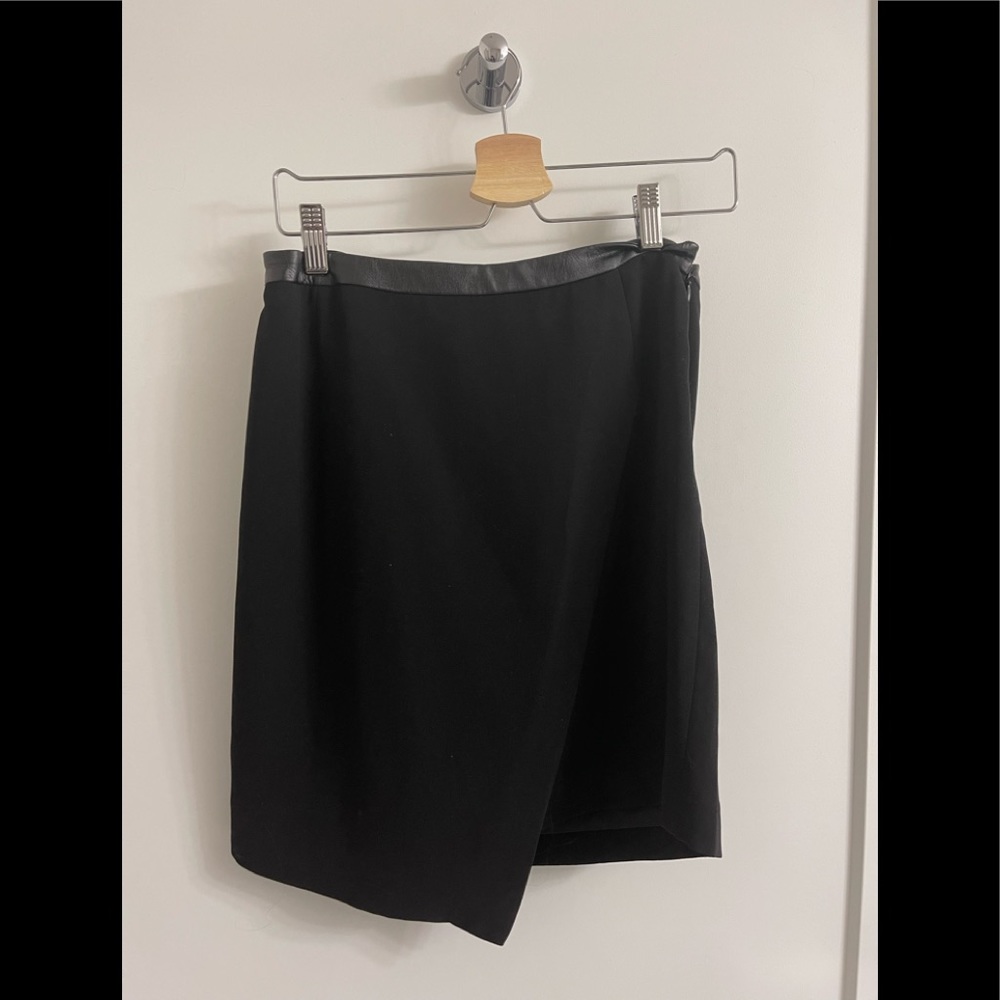 Black asymmetrical wrap-style with faux leather trim